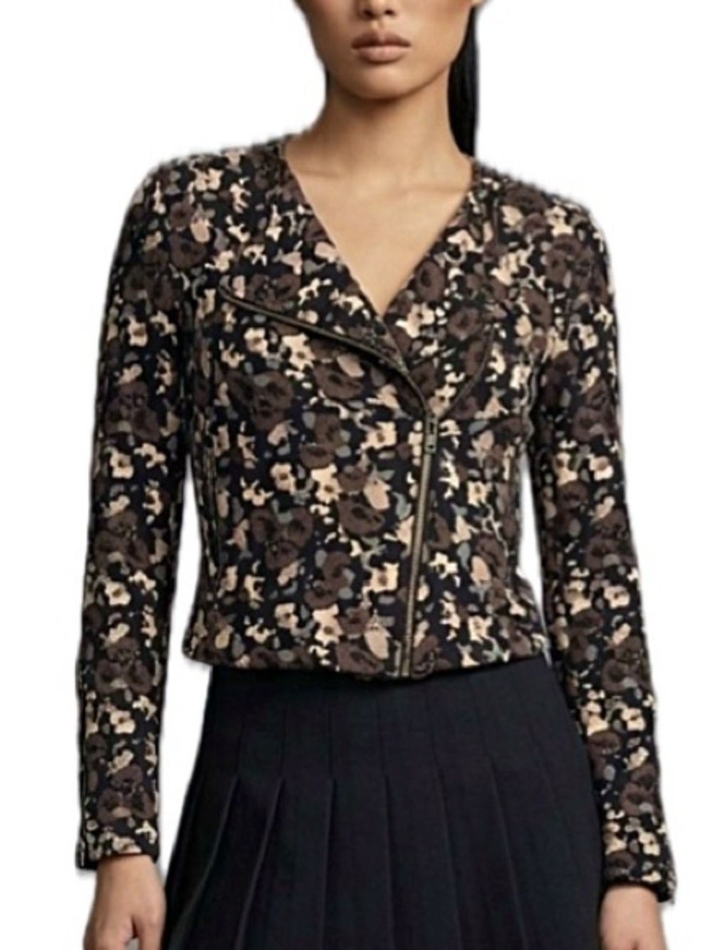 Aritzia Talula Floral Motorcycle Jacket Size 00 Rayon Cropped Zip Moto Blazer